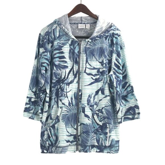 Chicos Weekends Womens Large Hooded Zip-Up Sweater Blue Green Tropical Print - Picture 1 of 7